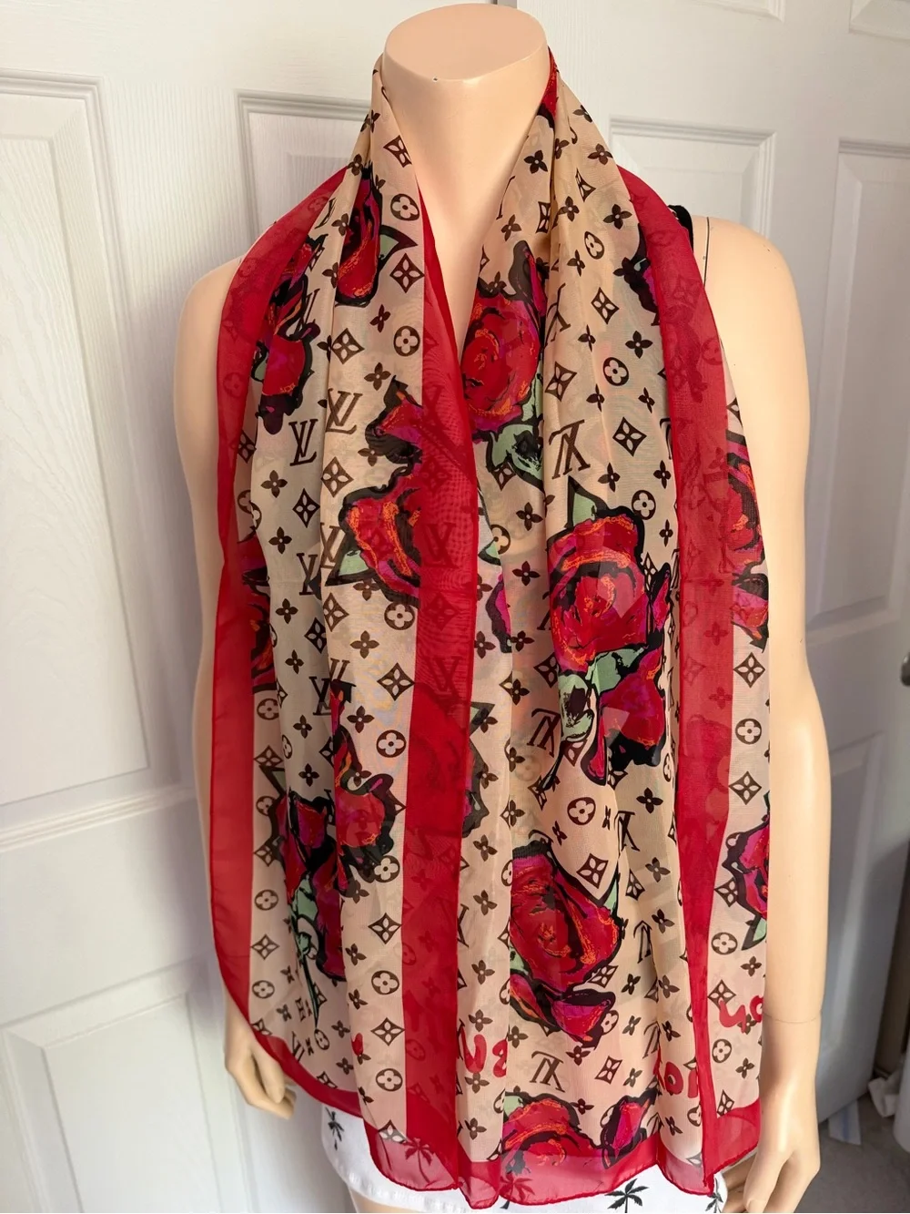 Louis Vuitton Silk Monogram Scarf Roses